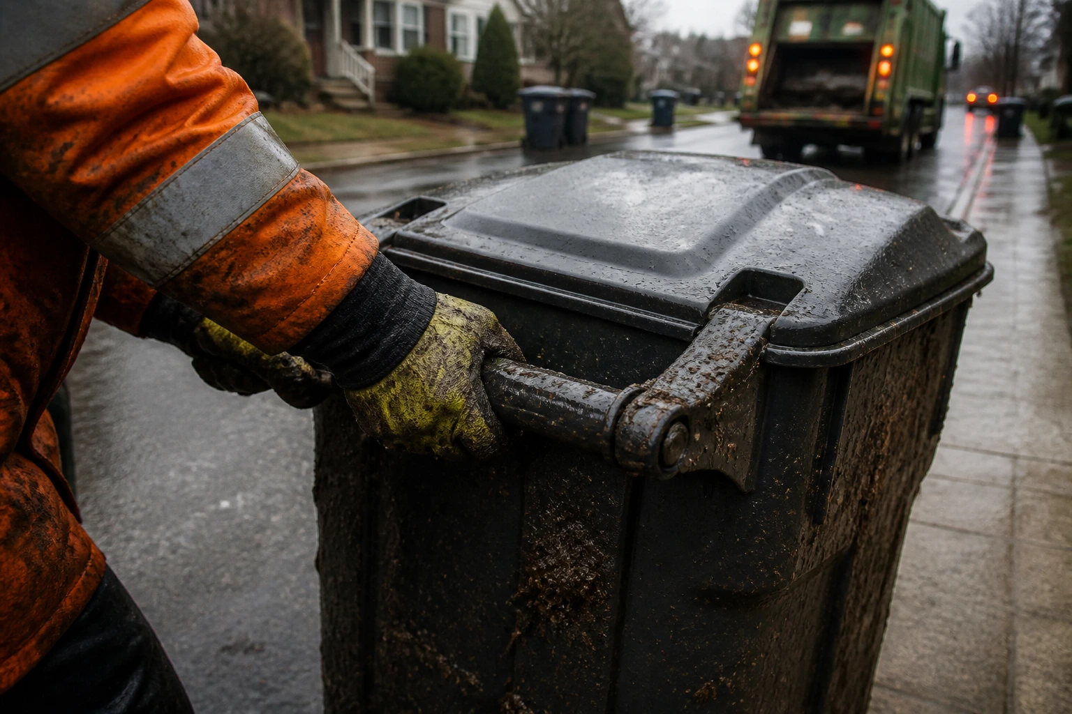 Hands gripping a heavy garbage bin on a damp morning street