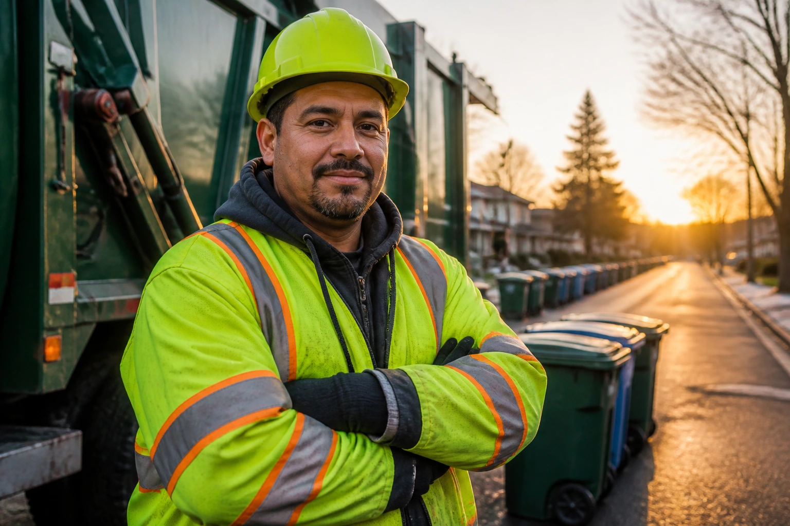 Close-up of a sanitation worker in reflective gear beside a garbage truck at dawn on a residential street