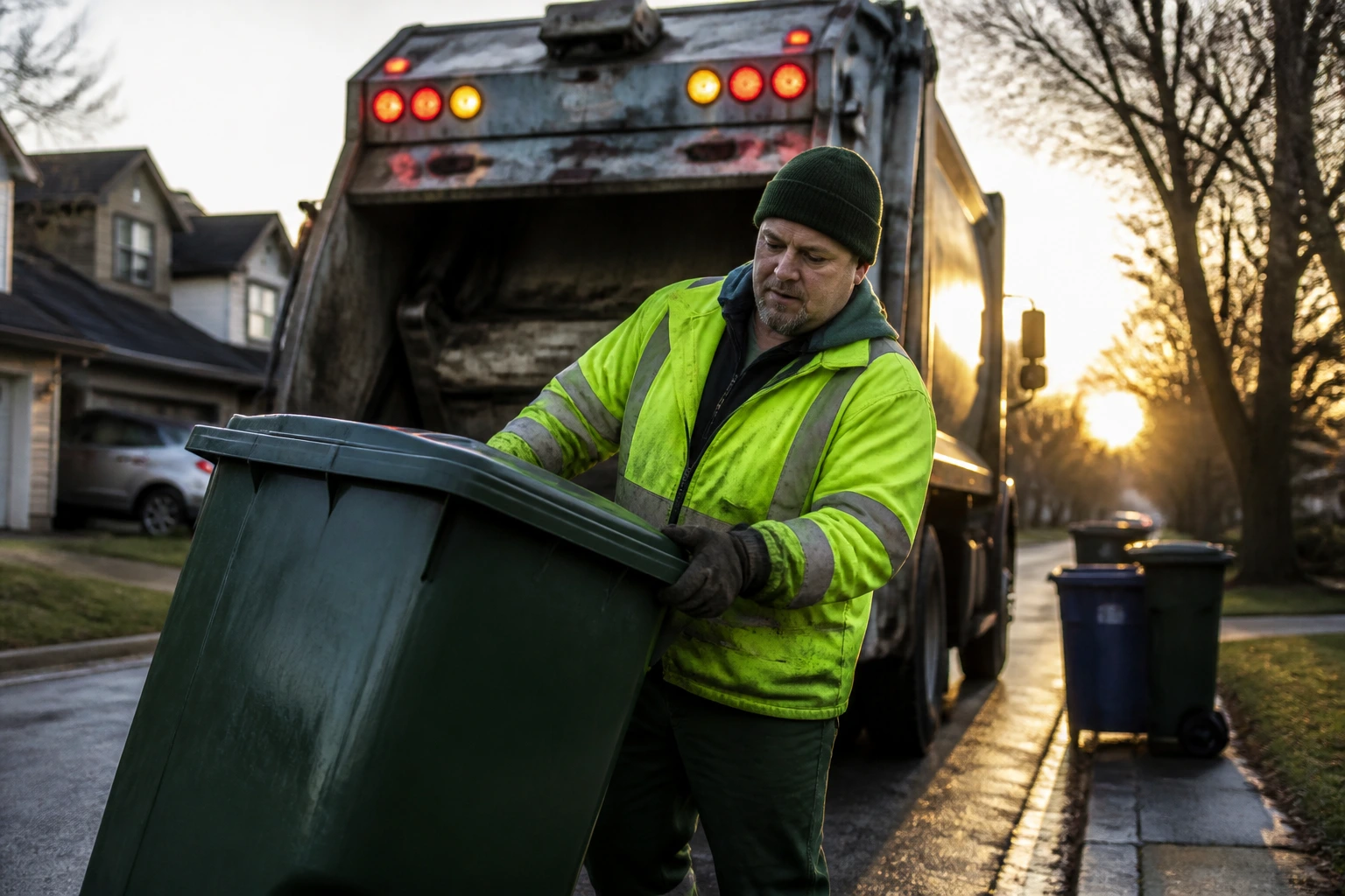 Close-up of a garbage collector lifting a heavy bin at dawn on a residential street