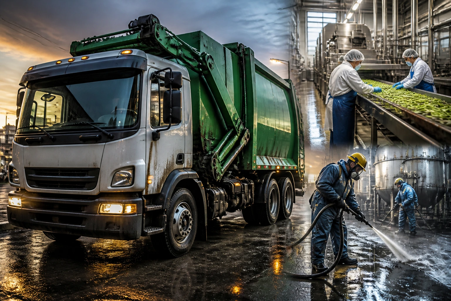 Close-up of a garbage truck on a dawn street, truck dominating the frame