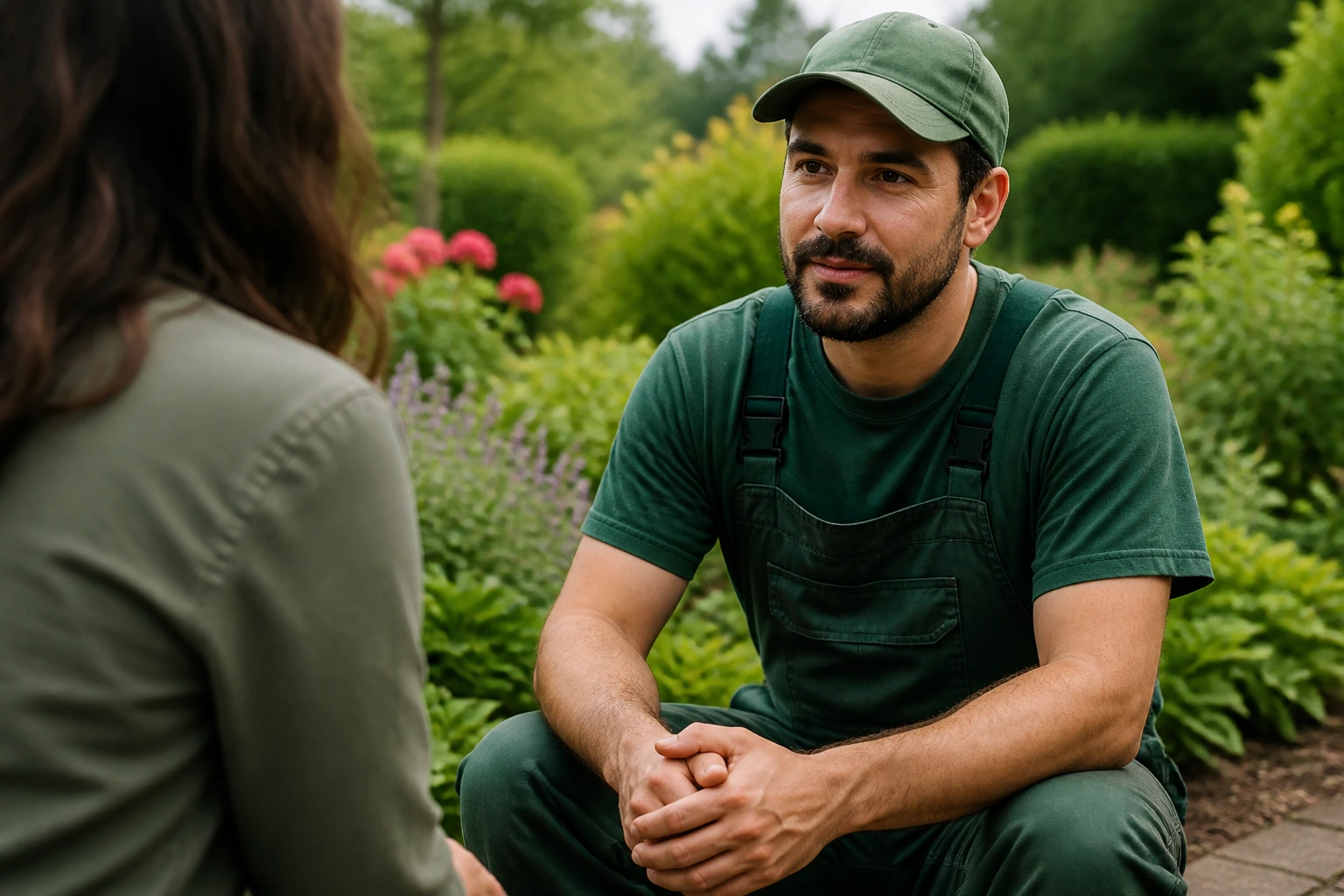 Gardener in outdoor interview setting during a job interview
