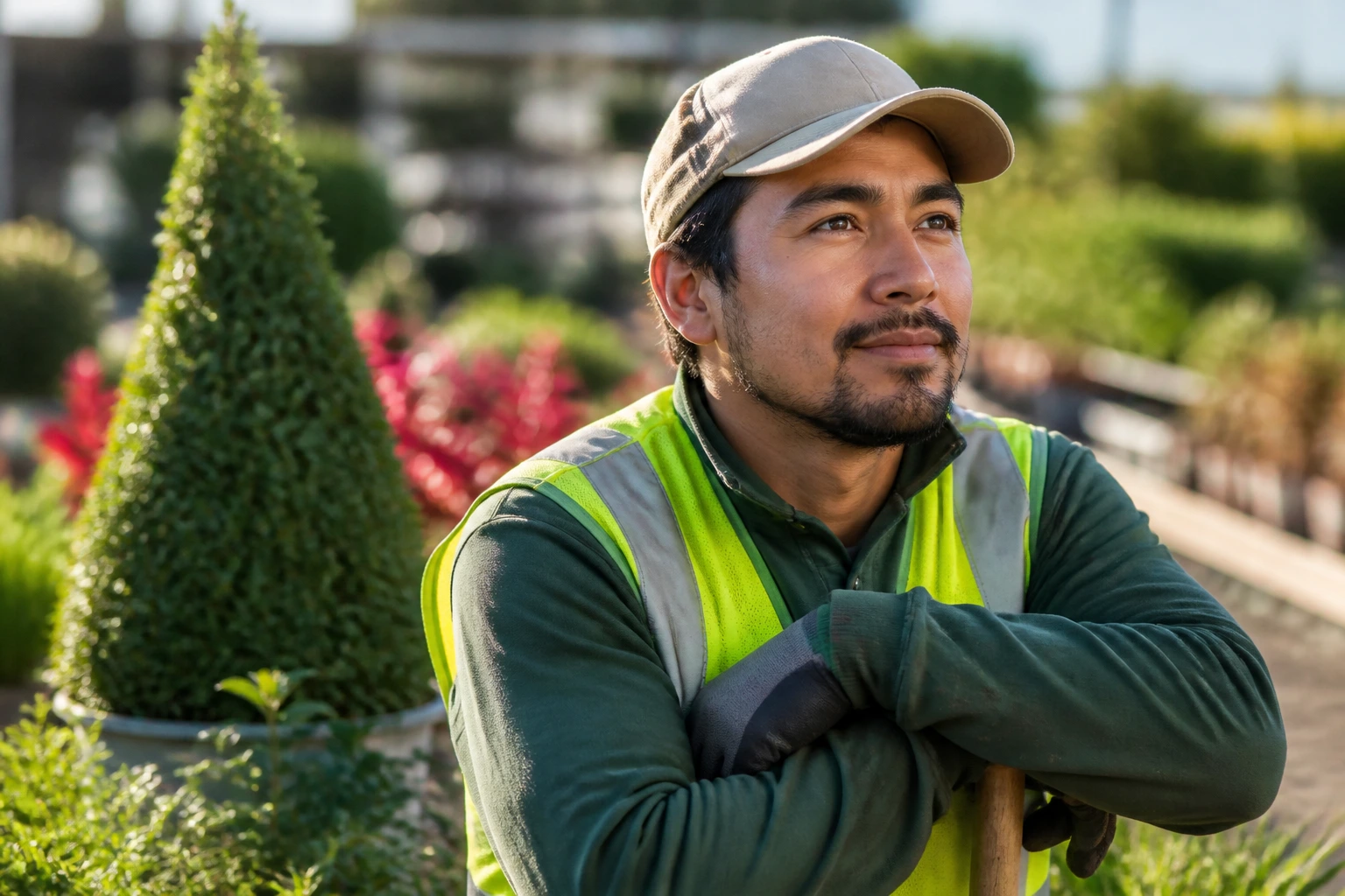 Close-up portrait of a gardener in safety gear in a lush garden