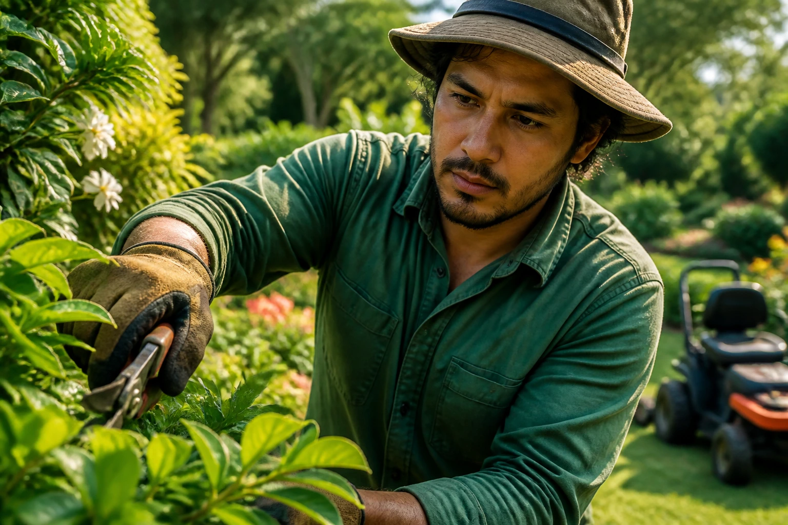 Close-up portrait of a gardener in a sunlit garden, hands pruning plants
