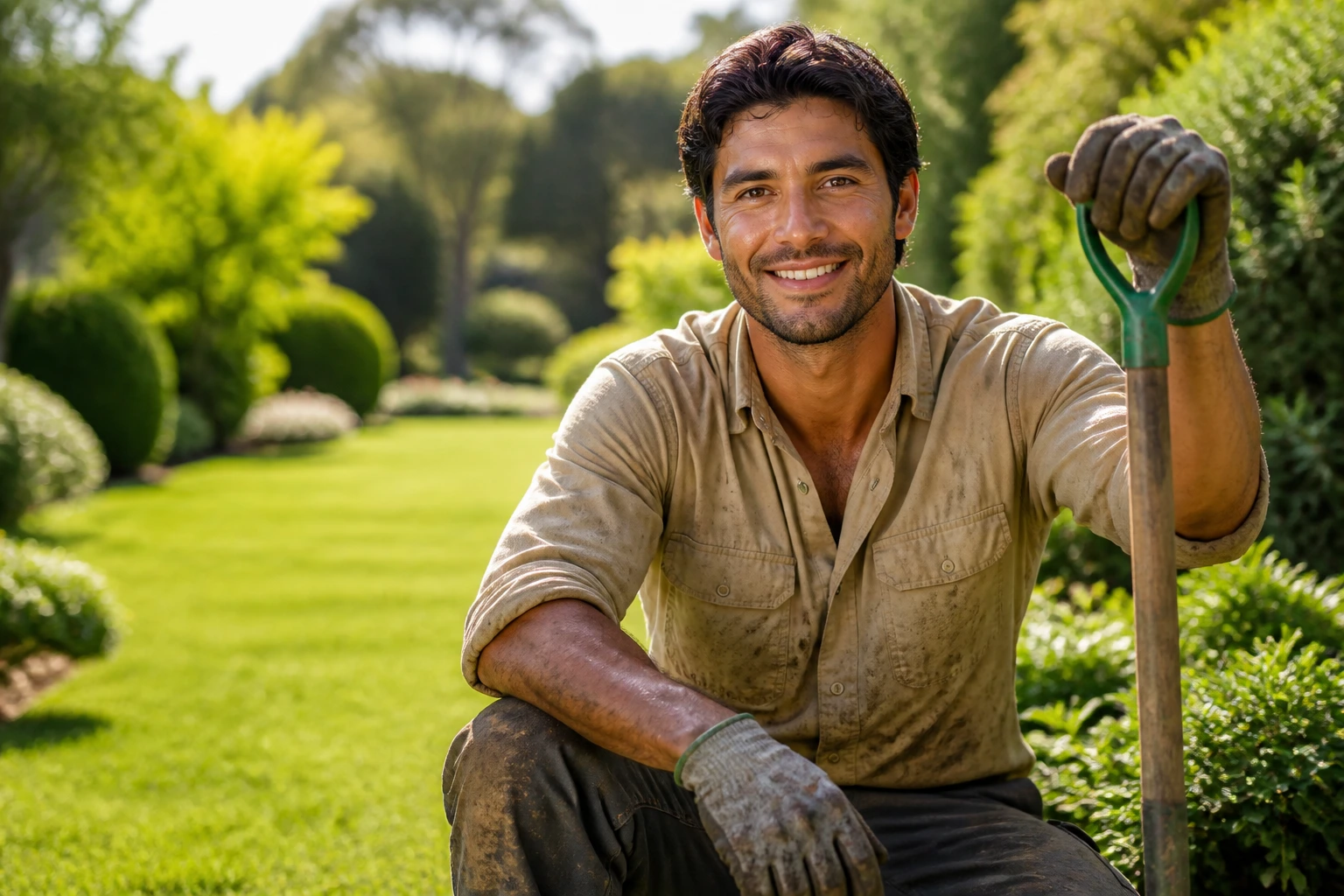 Portrait of a gardener in a garden, illustrating career progression from mowing to horticulture
