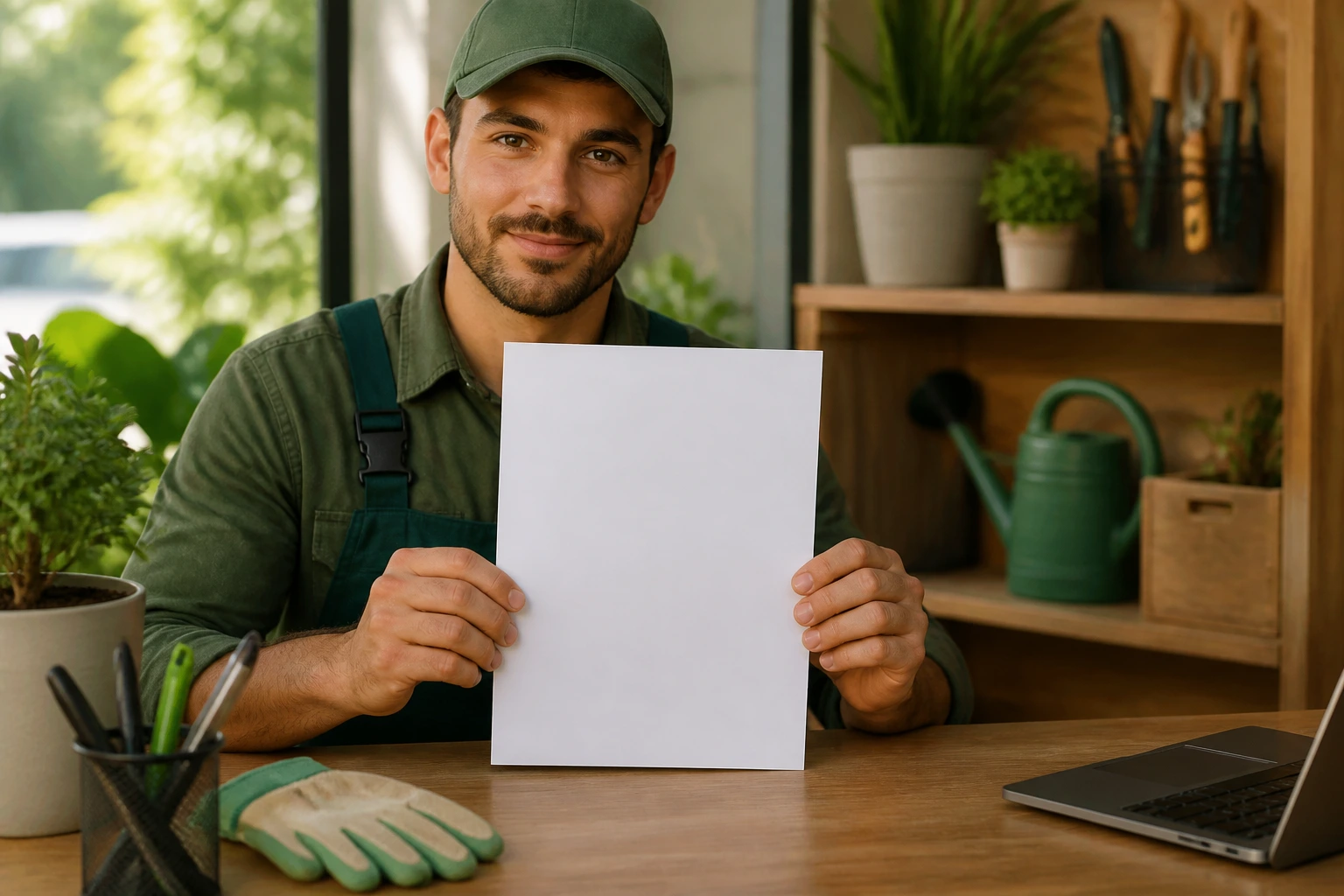 Close-up of a gardener presenting a clean resume document to convey interview-ready qualifications