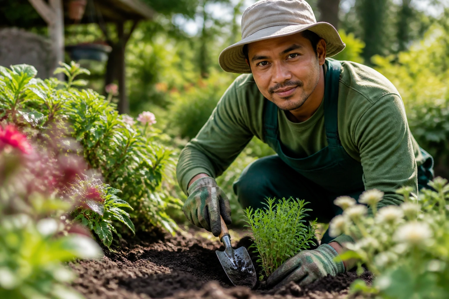 Close-up portrait of a gardener holding a trowel in a garden