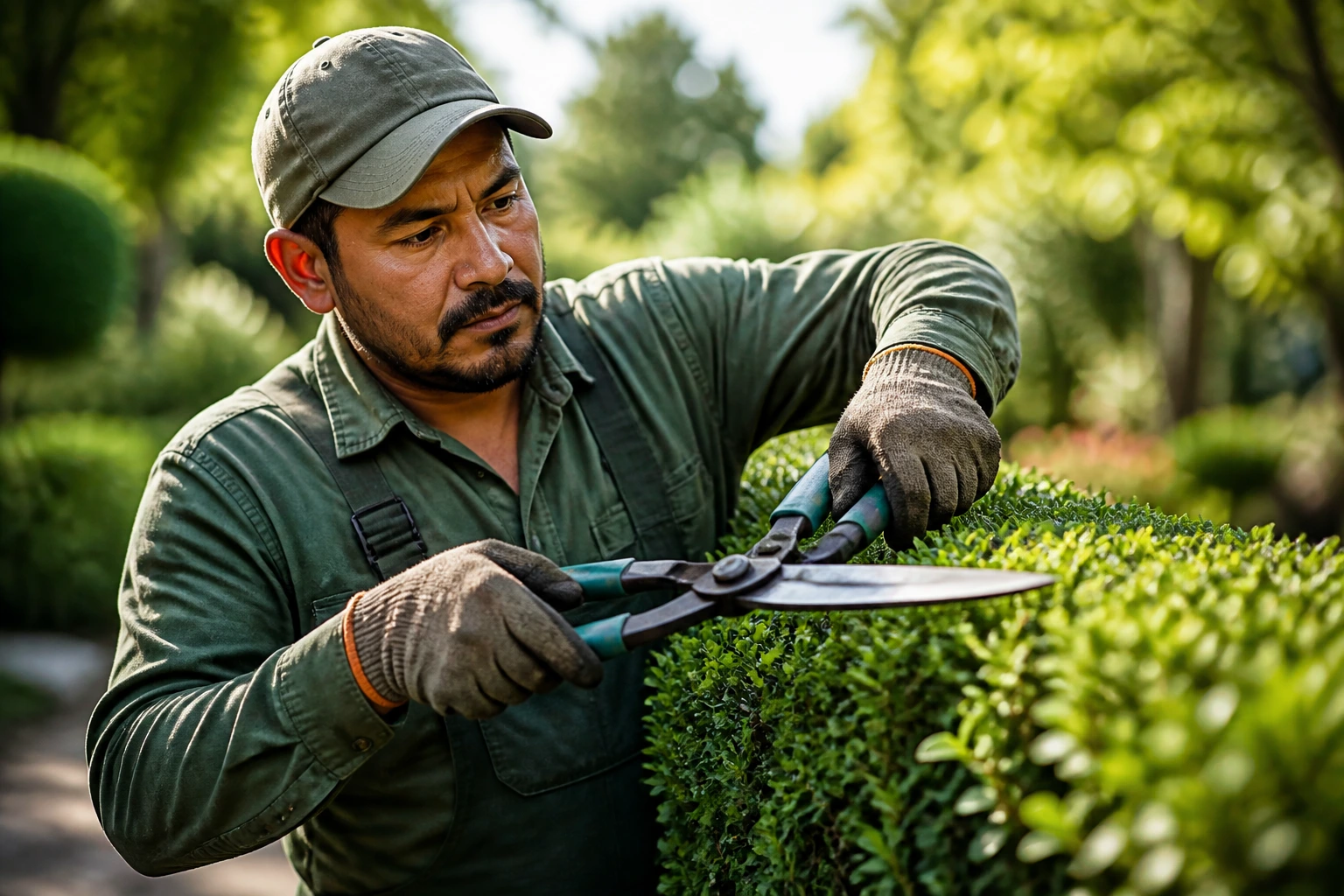 Real gardener trimming a hedge in a lush outdoor garden to illustrate sponsorship jobs in the USA