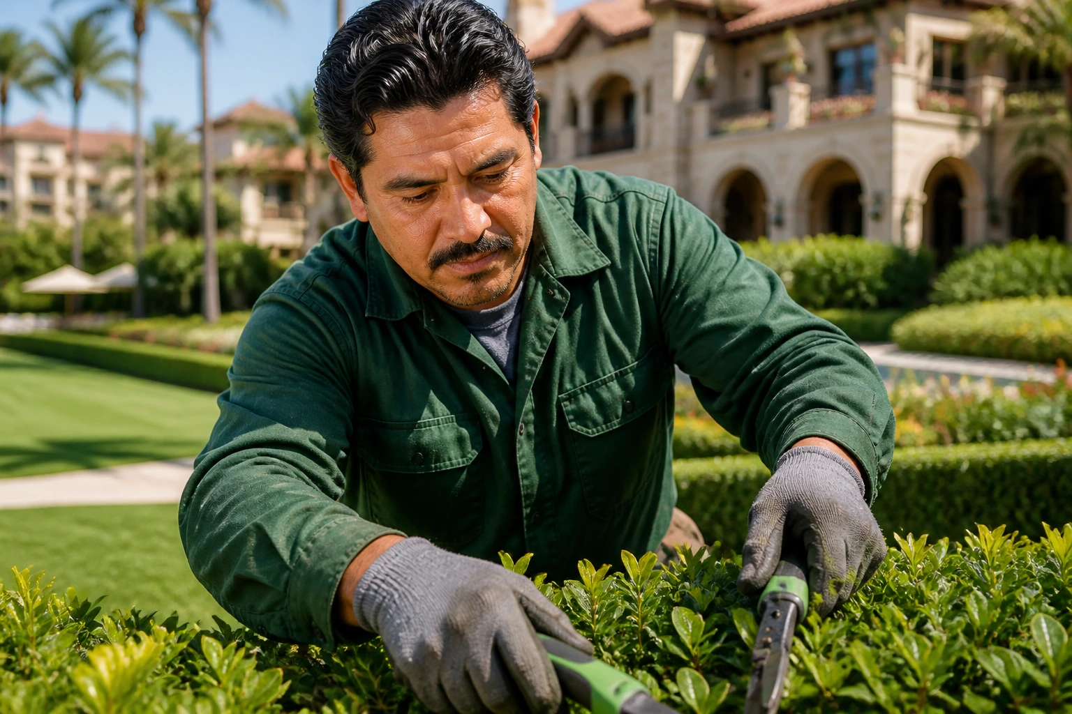 Close-up of a gardener in workwear with resort landscape behind, representing sponsorship-based landscaping jobs in the USA