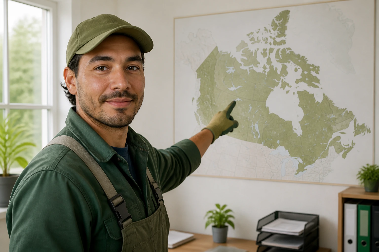 Close-up portrait of a gardener pointing to Canada map, symbolizing searching for visa sponsorship in Canada