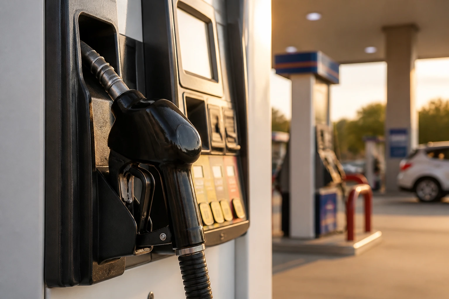 Close-up of a gas pump at a US gas station with warm lighting
