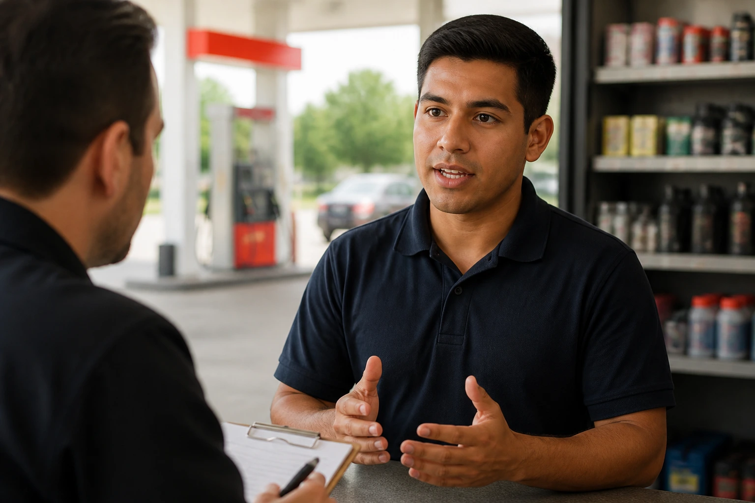 Portrait of a candidate answering practical gas station interview questions at a counter