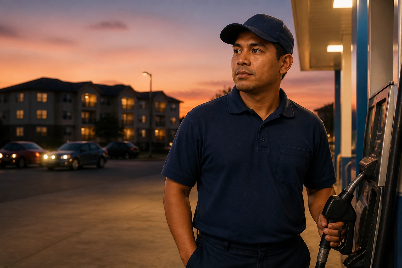 Gas station worker outside at dusk with housing and shift life context in background