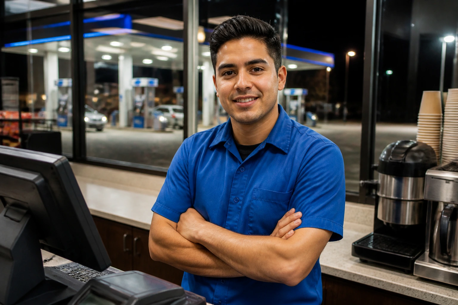 Close-up of a gas station attendant at the counter during shift with pumps visible