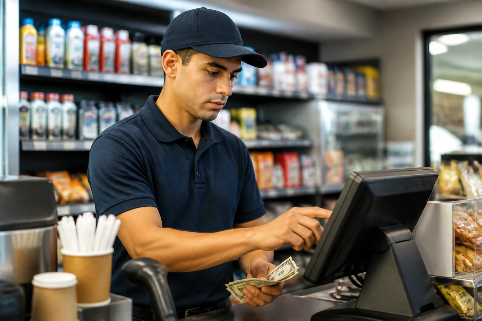 Gas station attendant demonstrating essential job skills at the register