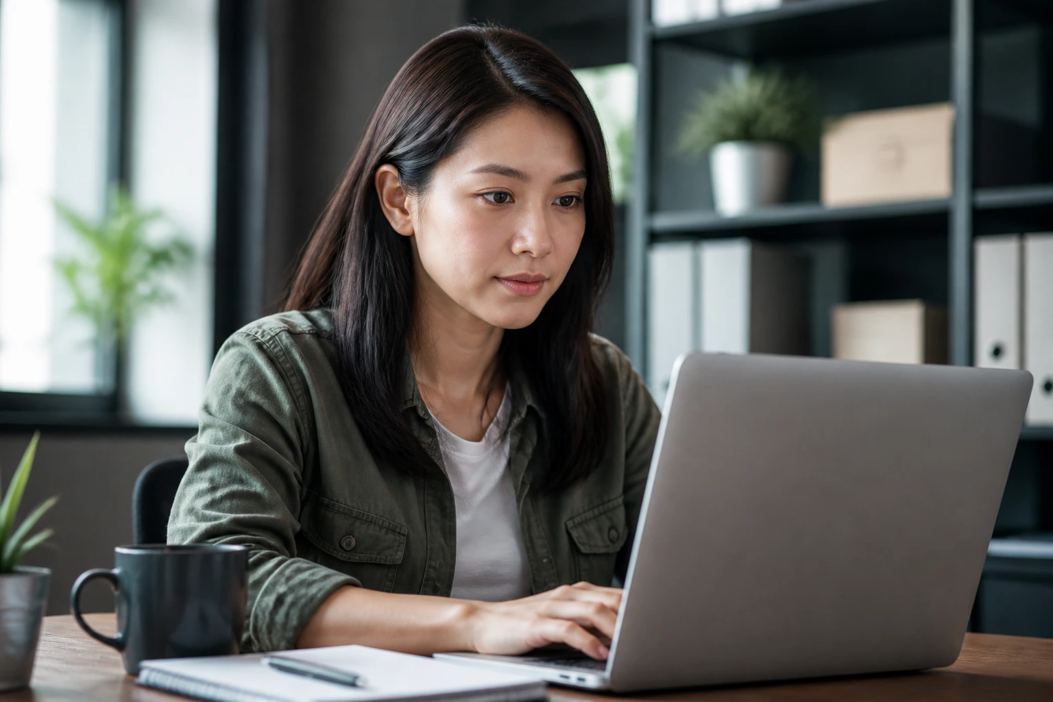 Real person researching employers on a laptop in an office