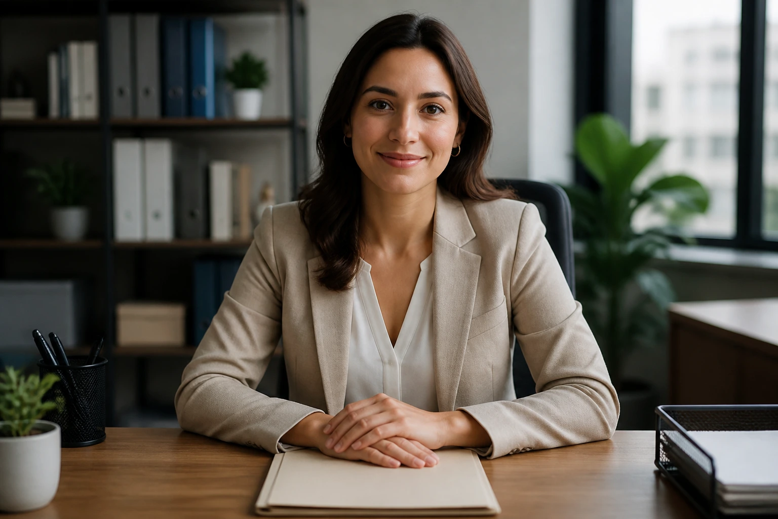Recruiter in agency office with blank folder