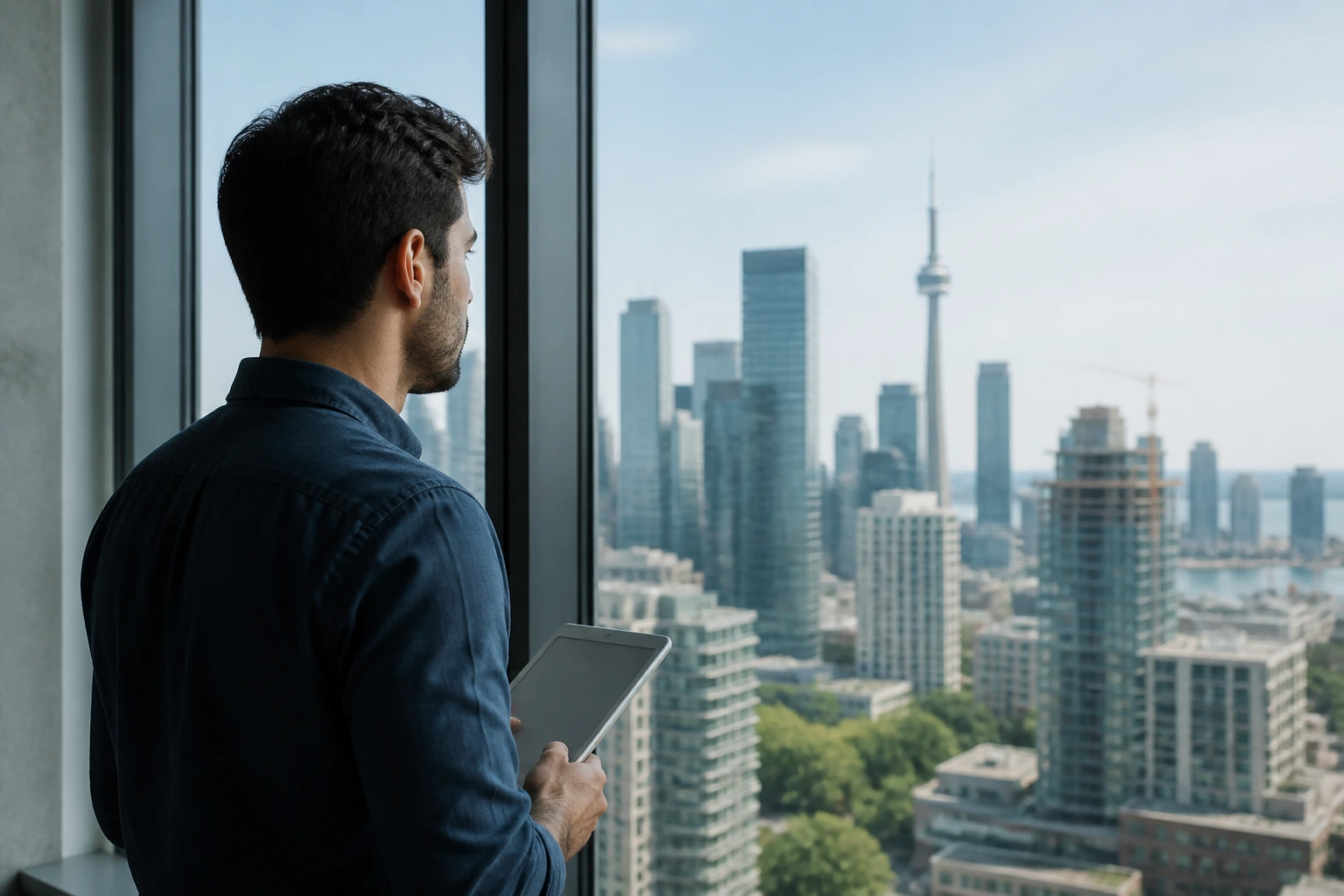 Professional gazing at city skyline from office window