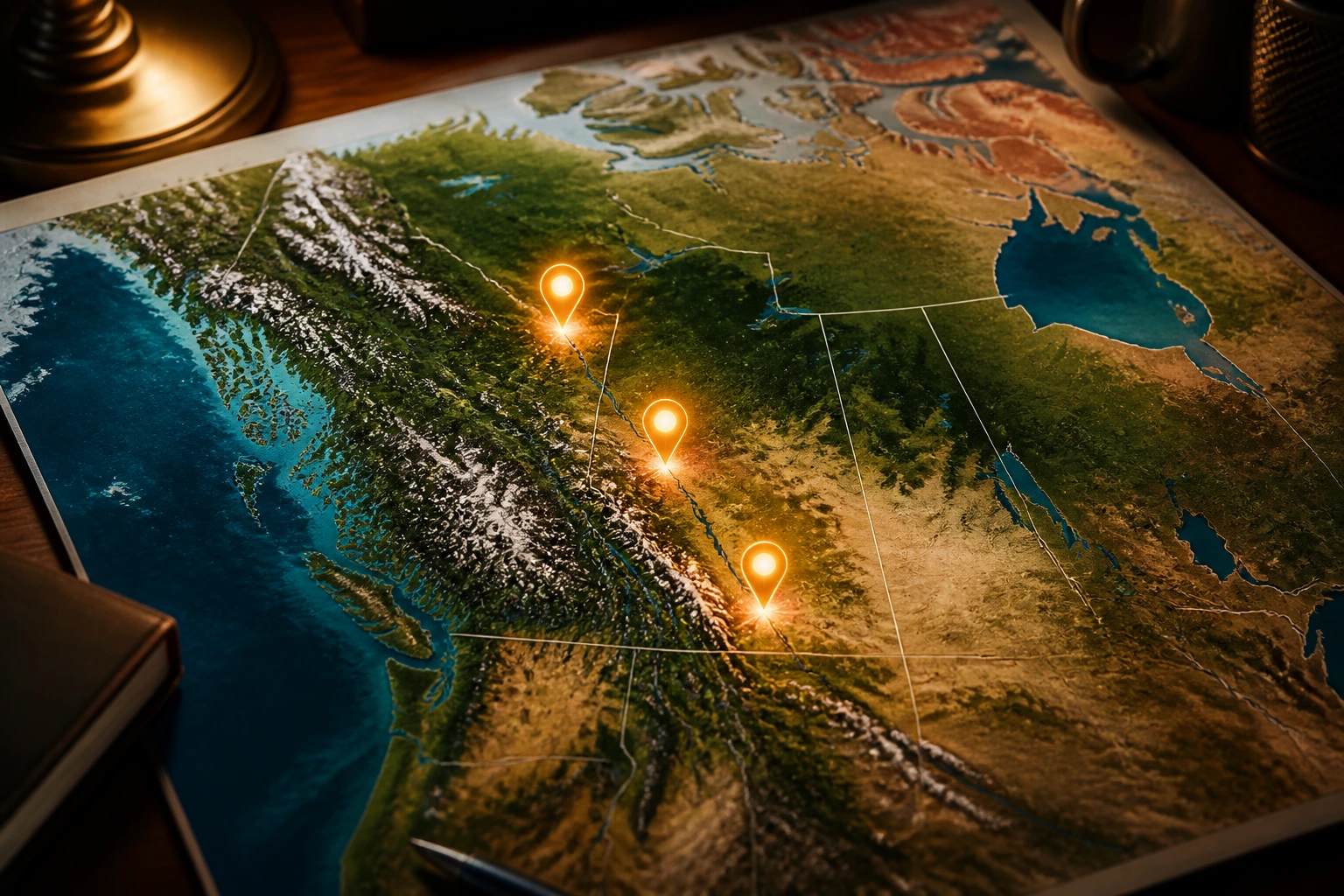 Close-up map highlighting energy hubs with glowing pins, no text