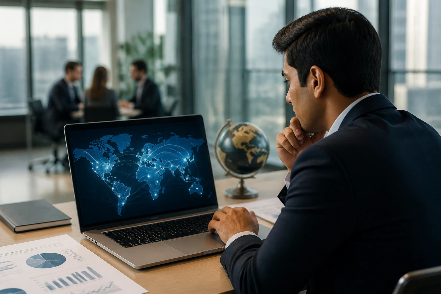 Professional evaluating global mobility options in a modern office