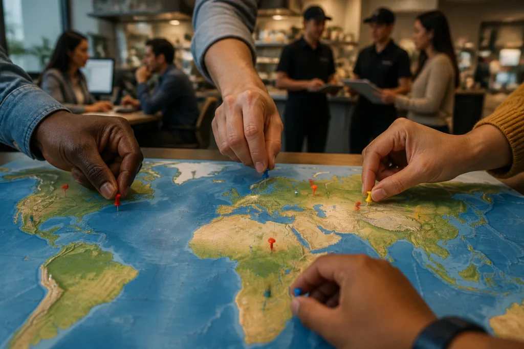 World map with diverse hands illustrating global recruitment for Canadian restaurants