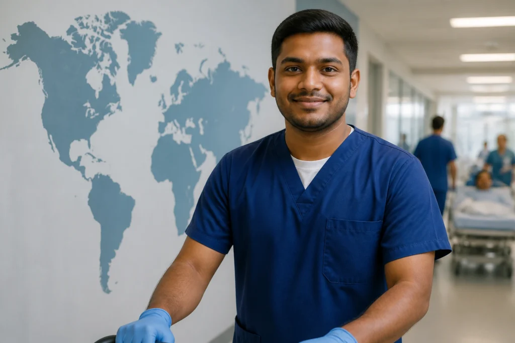 Diverse hospital support worker in scrubs in front of a world map mural suggesting international recruitment