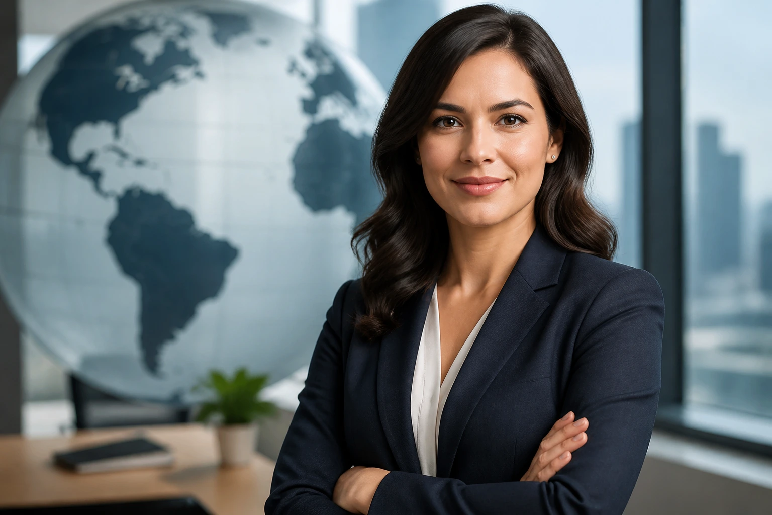 Professional portrait illustrating Global Skills Strategy concept with globe in background