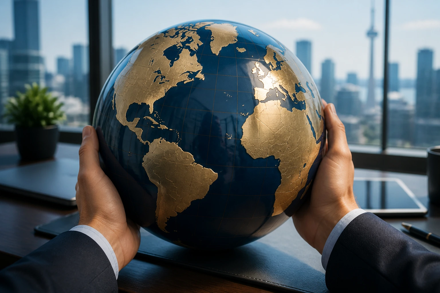 Close-up of a globe held in hands in a modern office, representing Global Skills Strategy and expedited processing