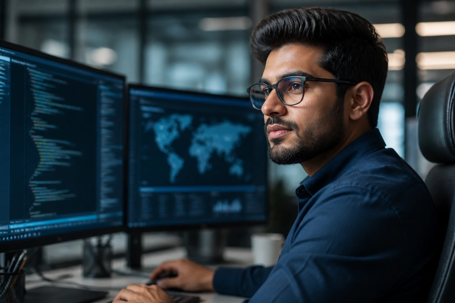 Tech professional at a multi-monitor desk representing Global Skills Strategy