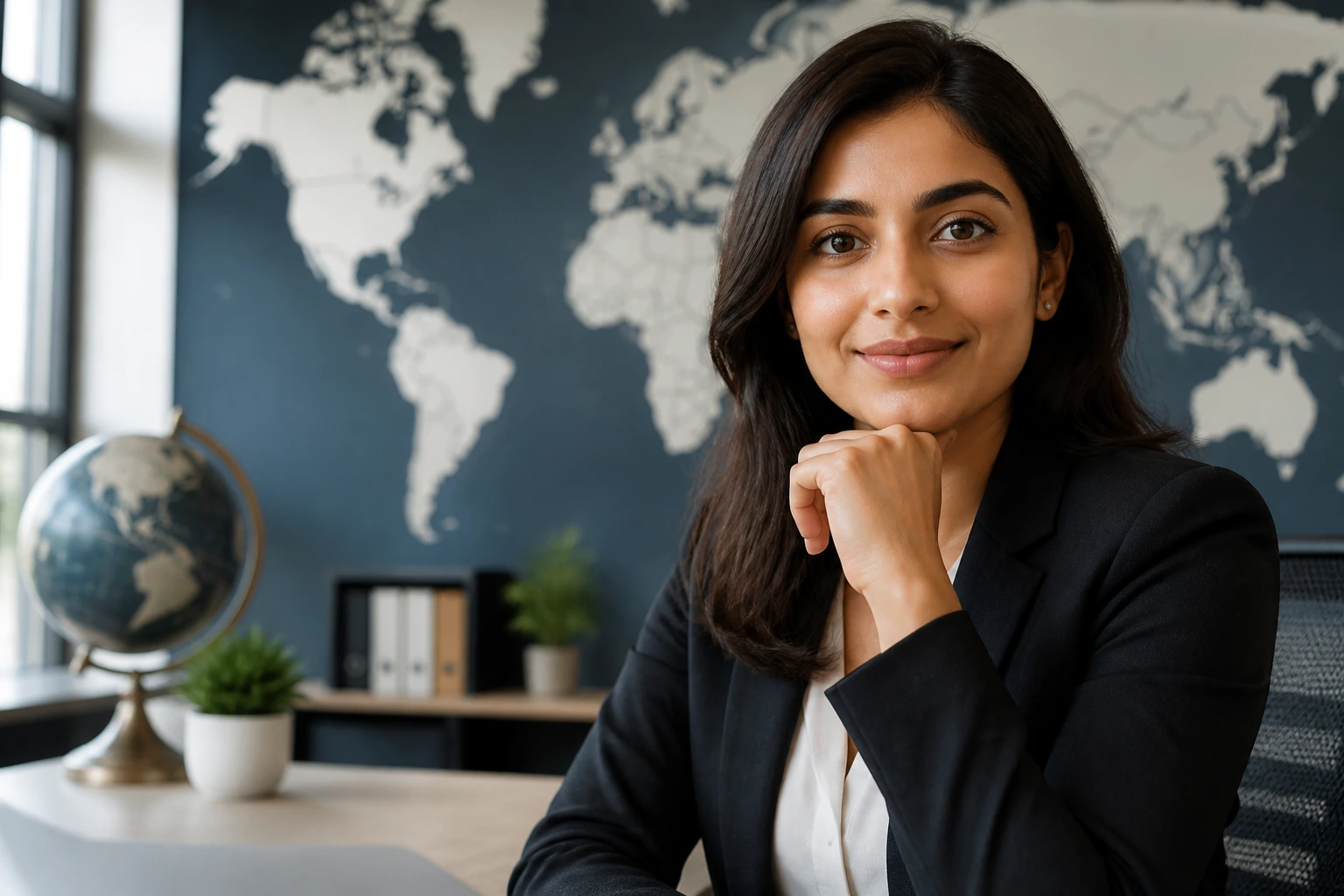 Recruiter portrait with global map backdrop representing global talent recruitment