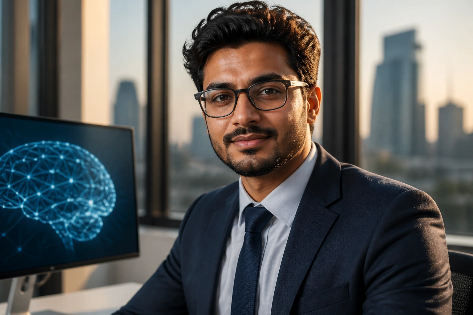 Close-up portrait of a professional AI engineer representing the Global Talent Visa in a modern office.