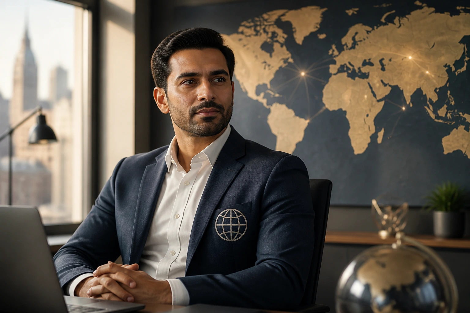 Portrait of a cybersecurity leader in a UK office with a globe emblem on blazer