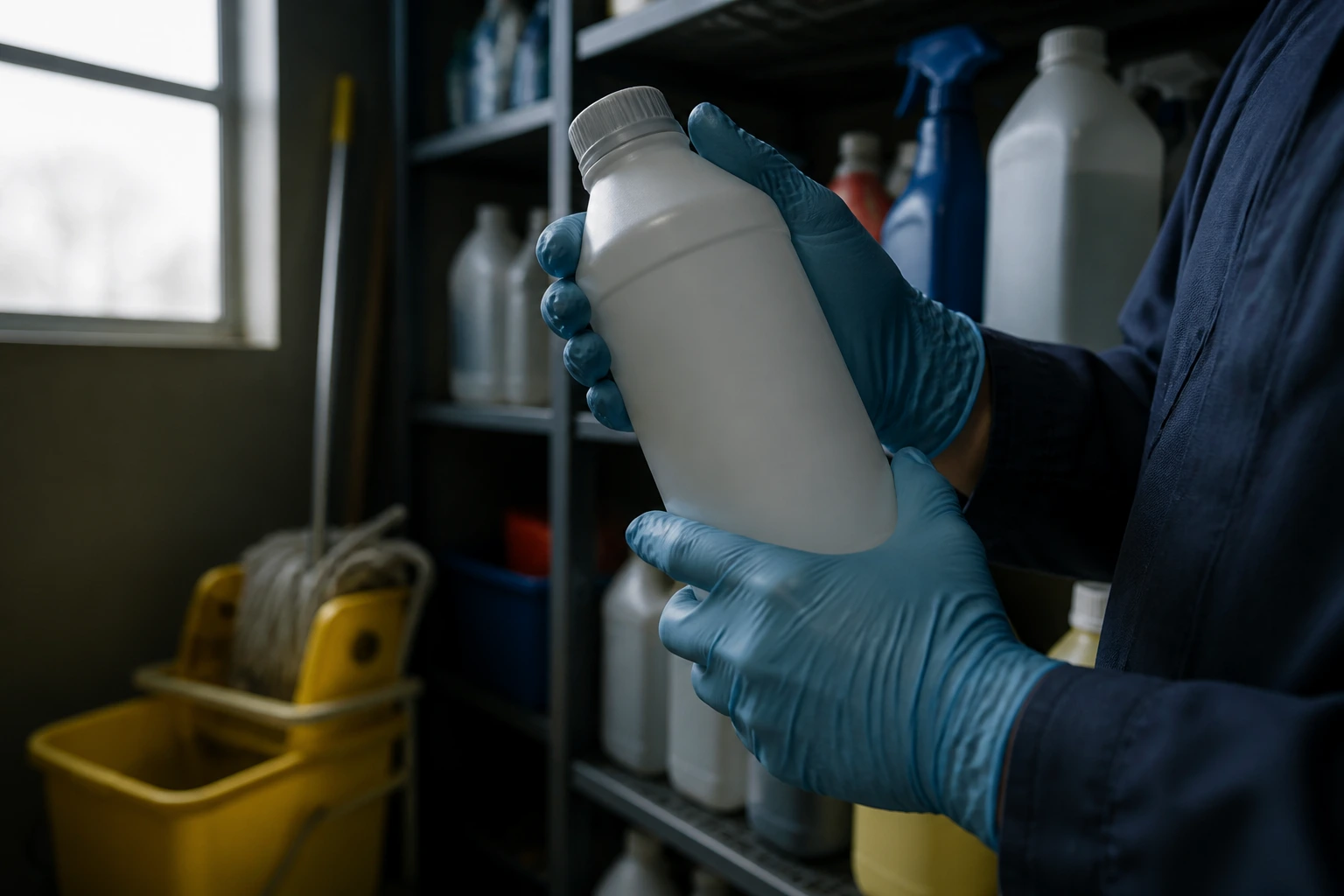 Close-up of gloved hands holding an unlabeled chemical bottle in a janitorial setting