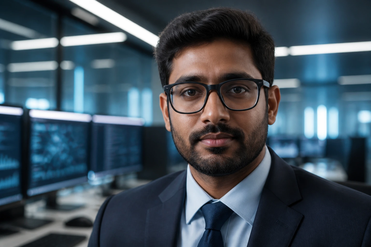 Close-up portrait of a Goldman Sachs data engineer in a sleek office