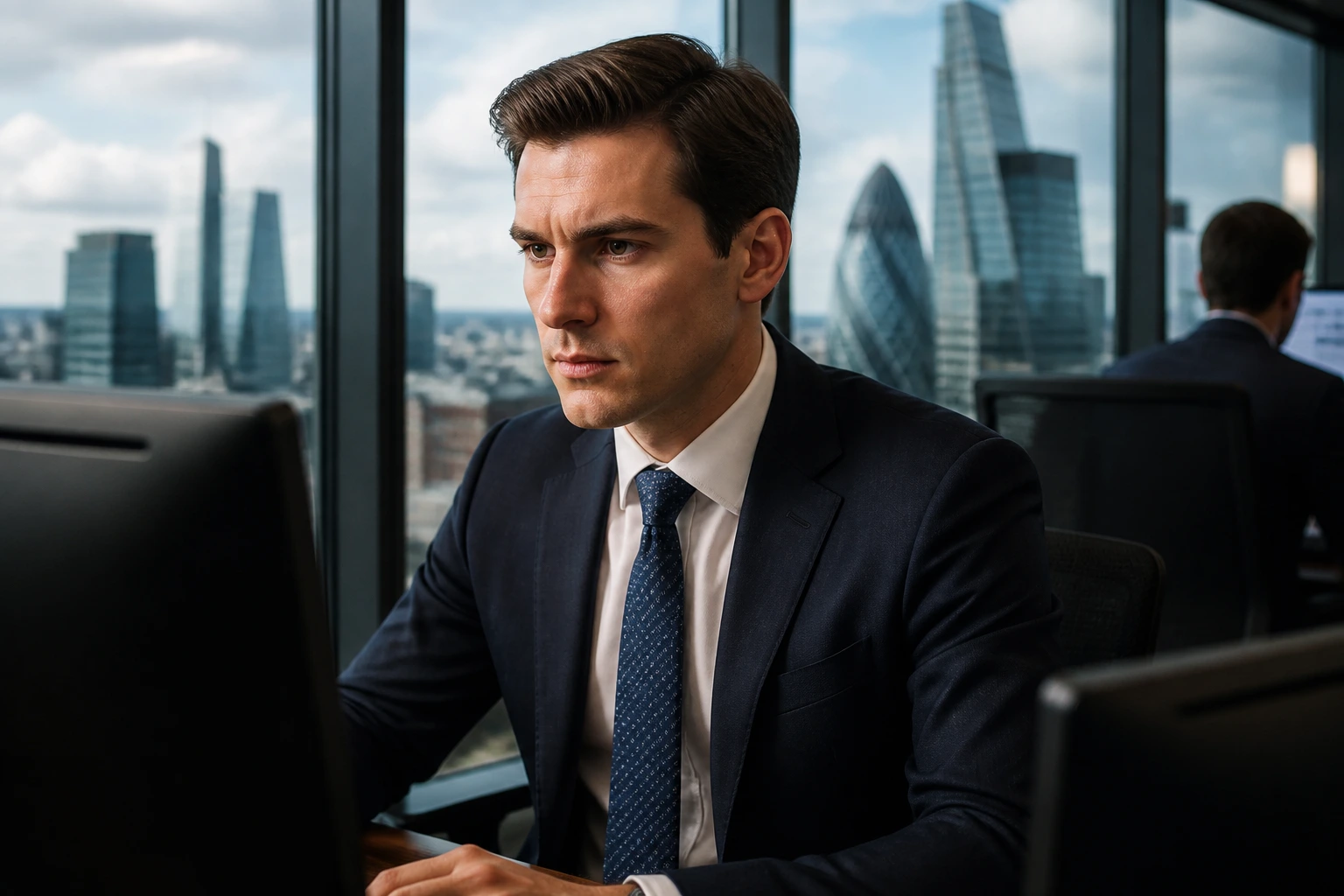 Close-up portrait of a Goldman Sachs professional in a premium London office.