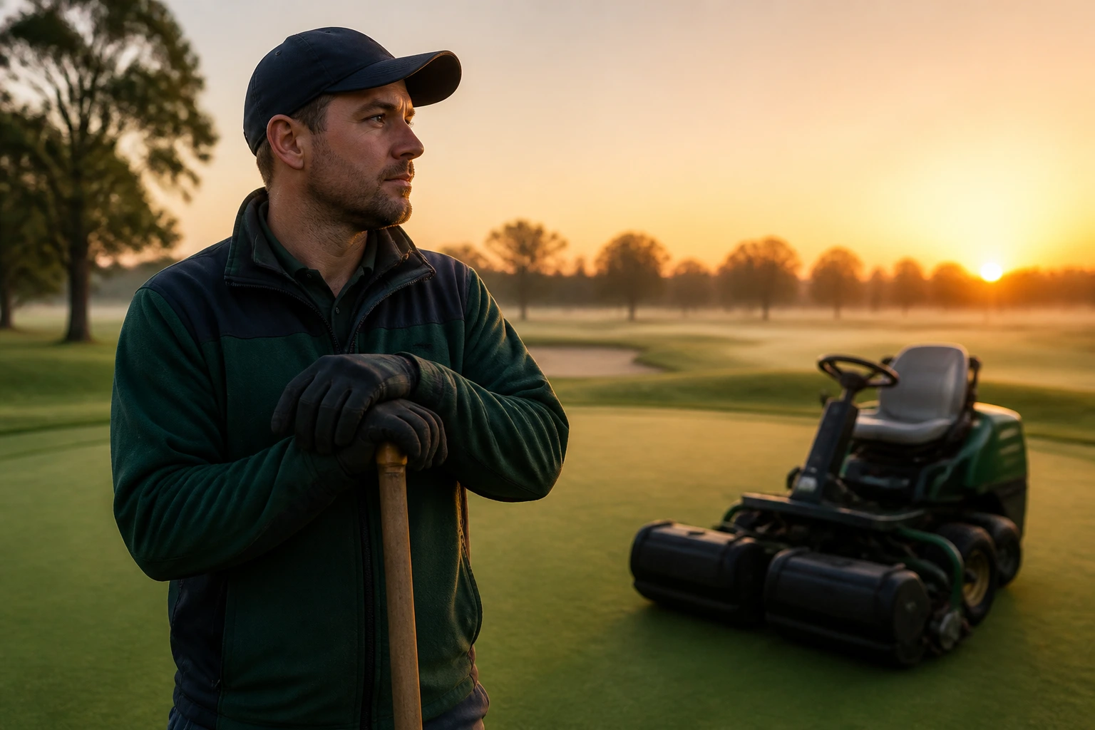 Dawn portrait of a turf professional on a golf course