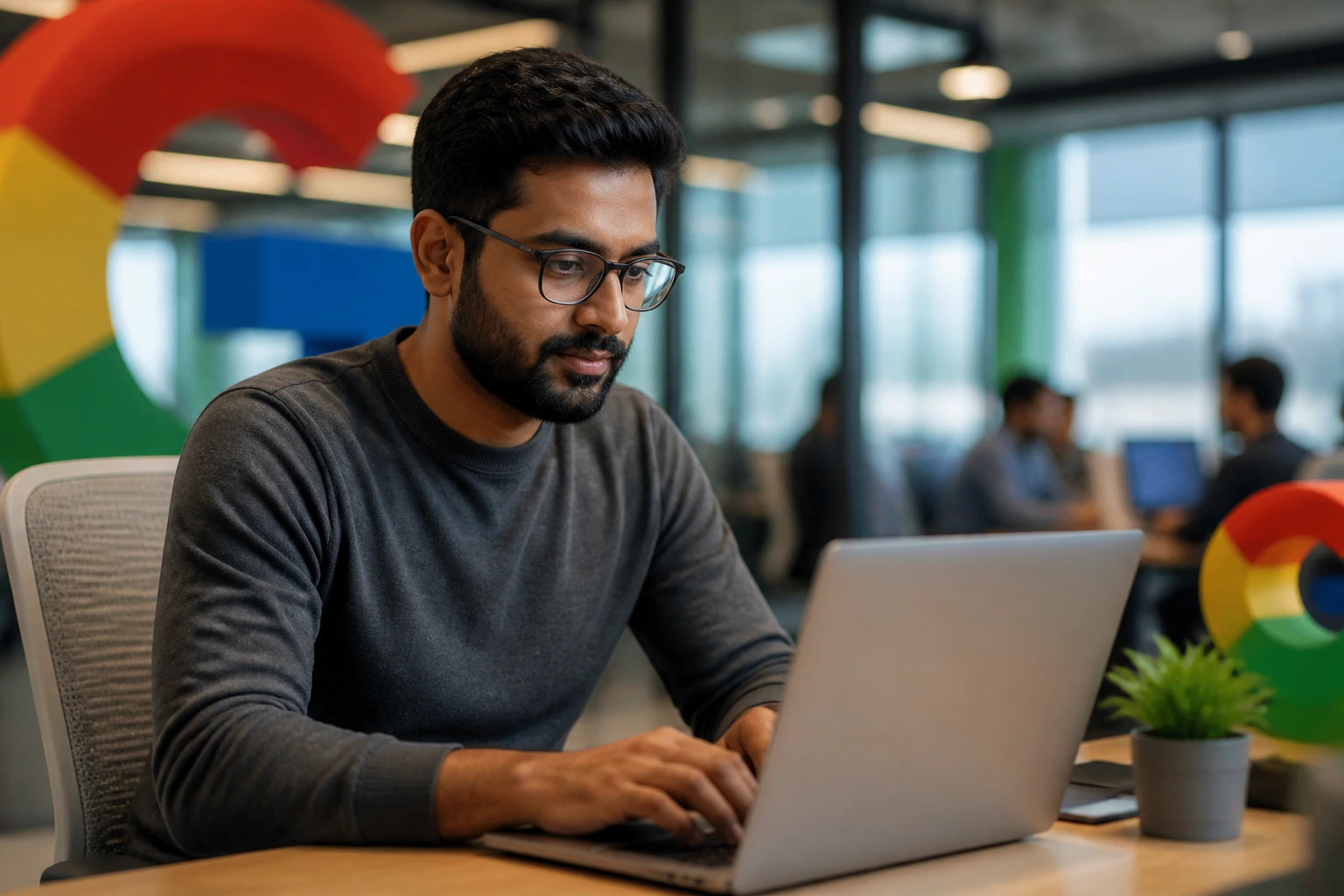 Close-up portrait of a software engineer in a modern tech office environment, representing Google sponsorship