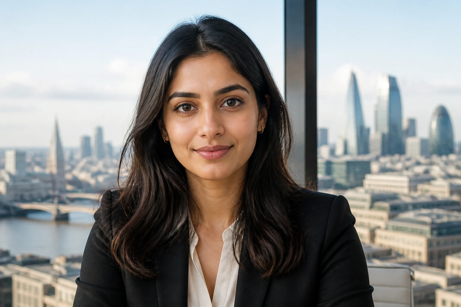 Close-up portrait of a Google UK software engineer in a London office with city skyline