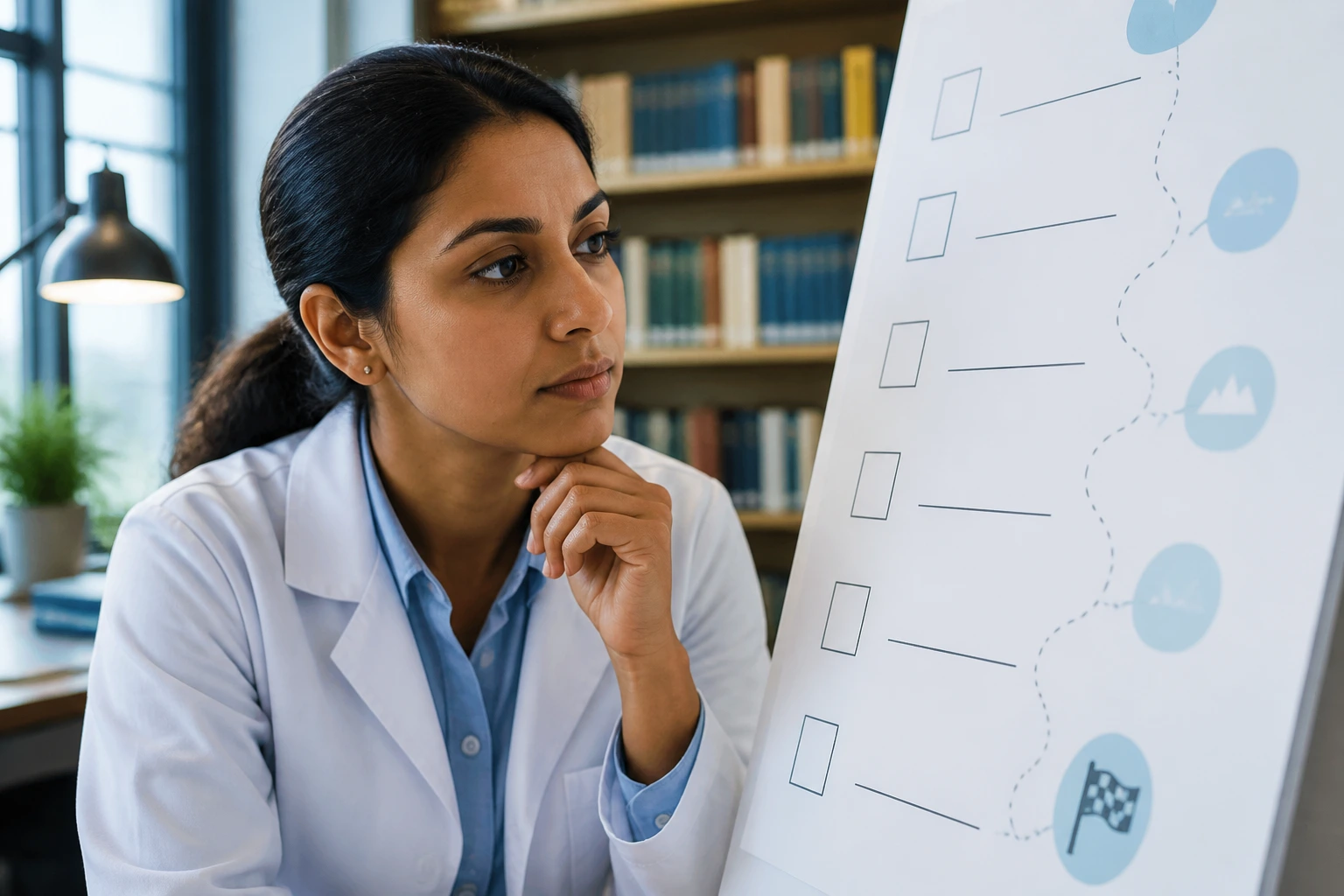 Close-up portrait of a real pharmacist contemplating registration hurdles with an abstract checklist in the background