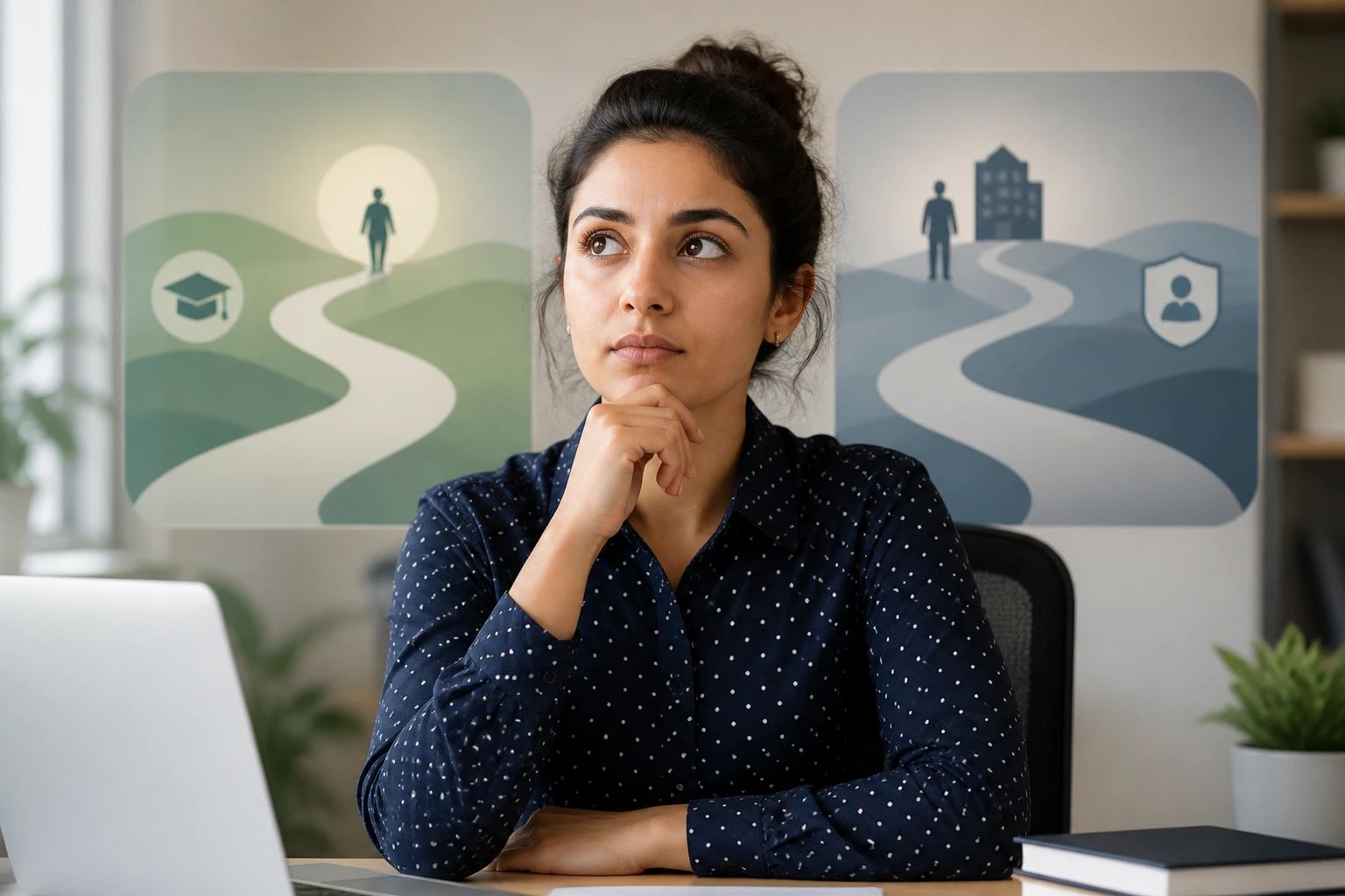 Portrait of a person evaluating visa options with abstract two-path visuals in the background