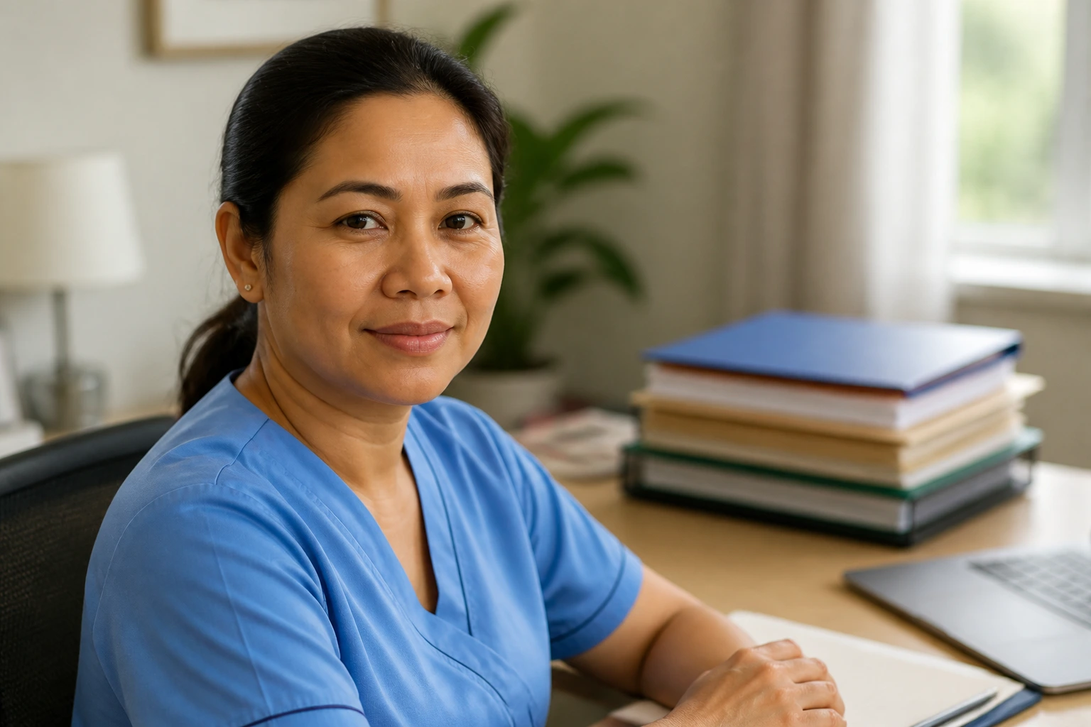 Close-up portrait of a caregiver in a home office setting.