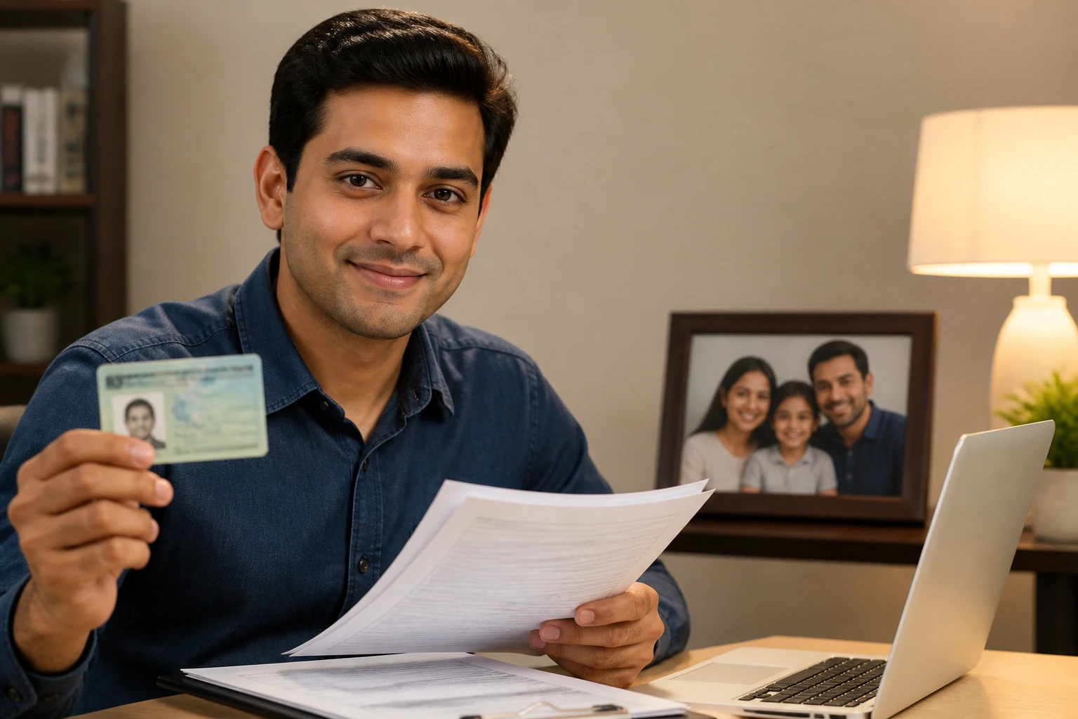 Focused portrait of an applicant with a family photo in the background amid documents and laptop