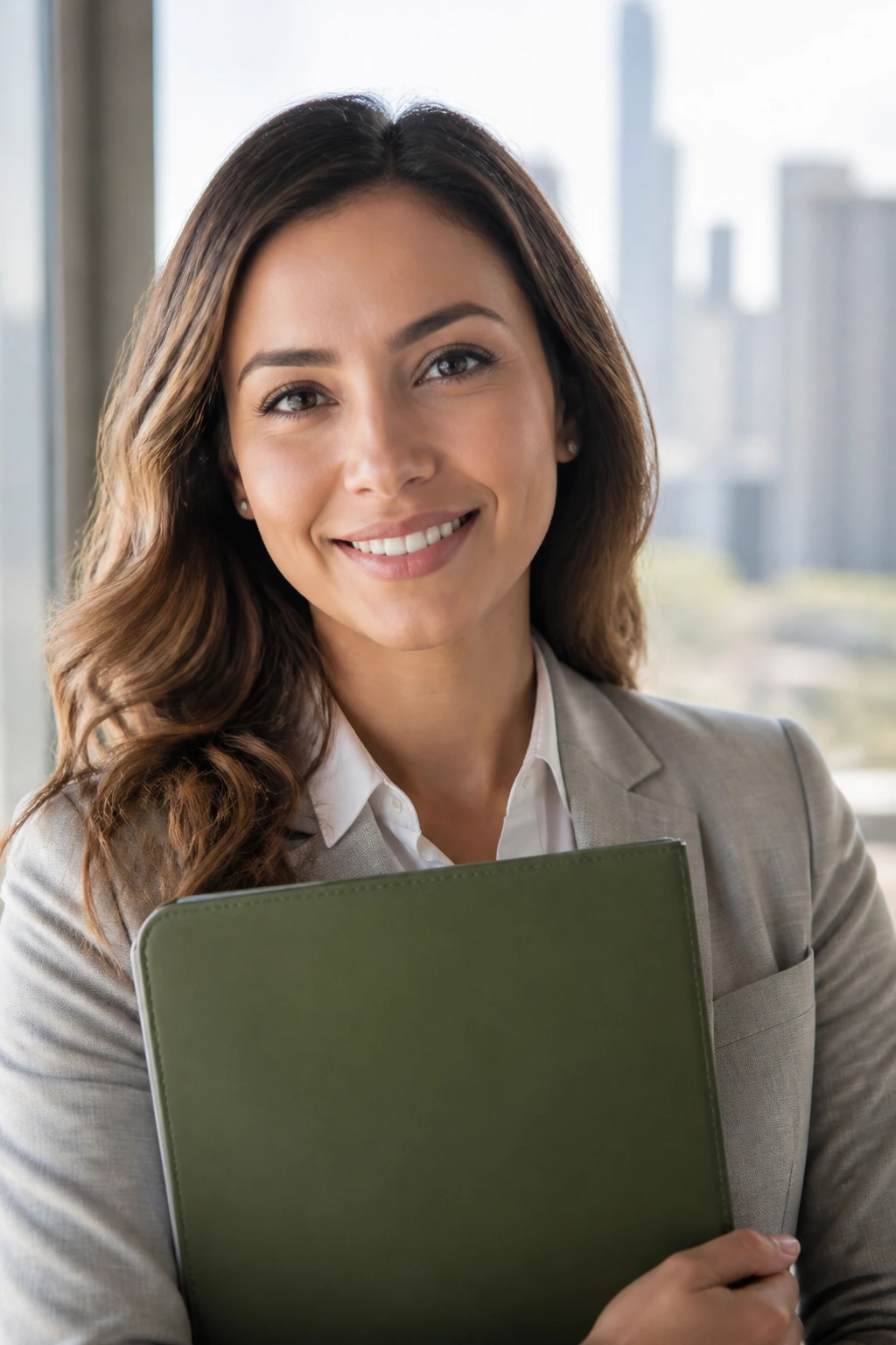 Close-up portrait of a professional woman with a green folder in a bright office