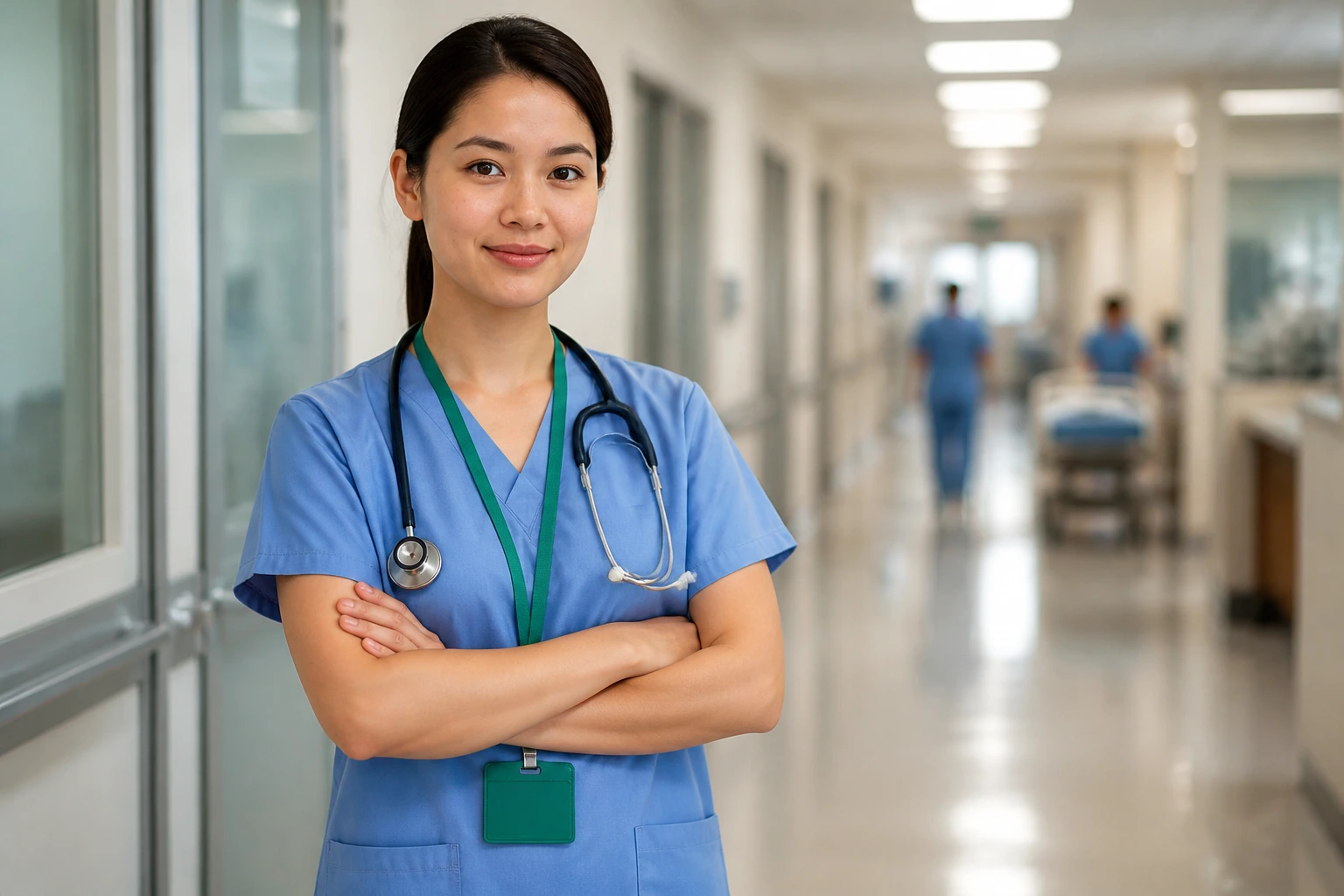 Nurse in scrubs in a hospital corridor with a green badge