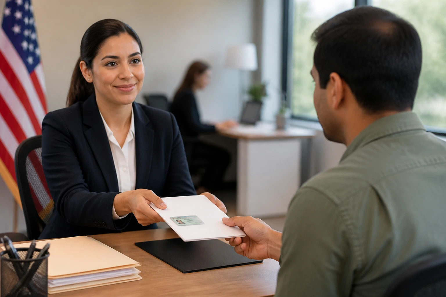 Person in a government office, representing the green card pathway to arrival.