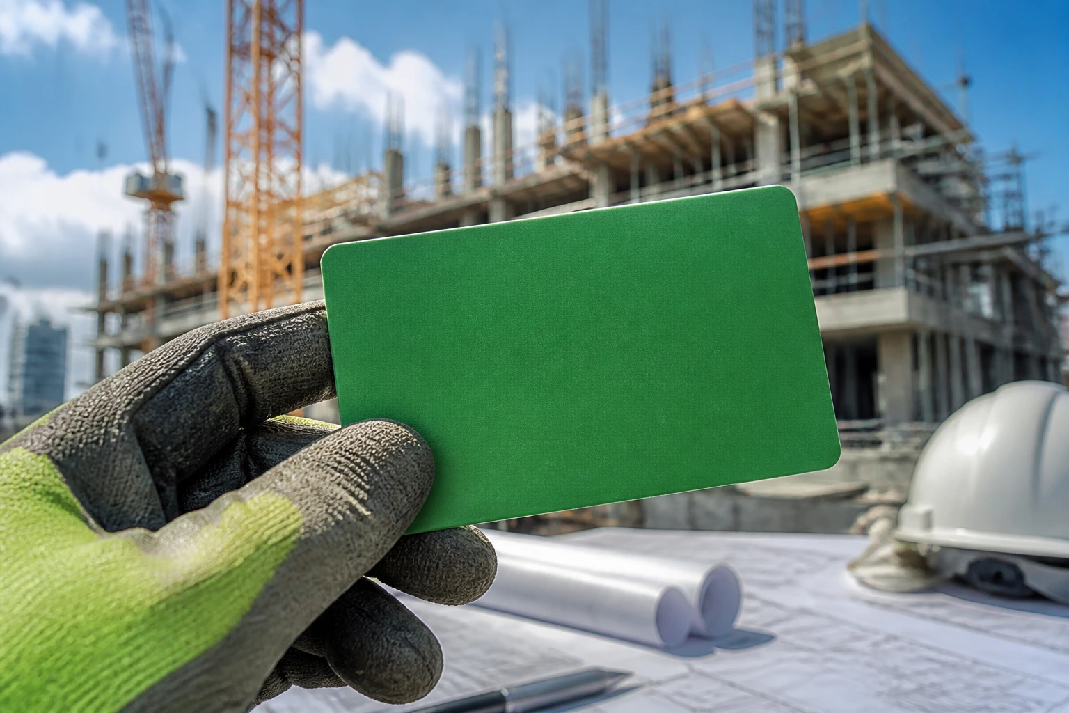 Close-up of a blank green card held on a construction site to symbolize immigration pathways for civil engineers
