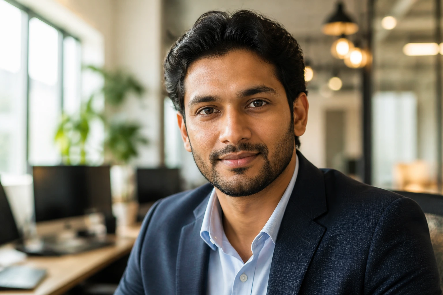 Close-up portrait of a professional in an office, representing green card sponsorship