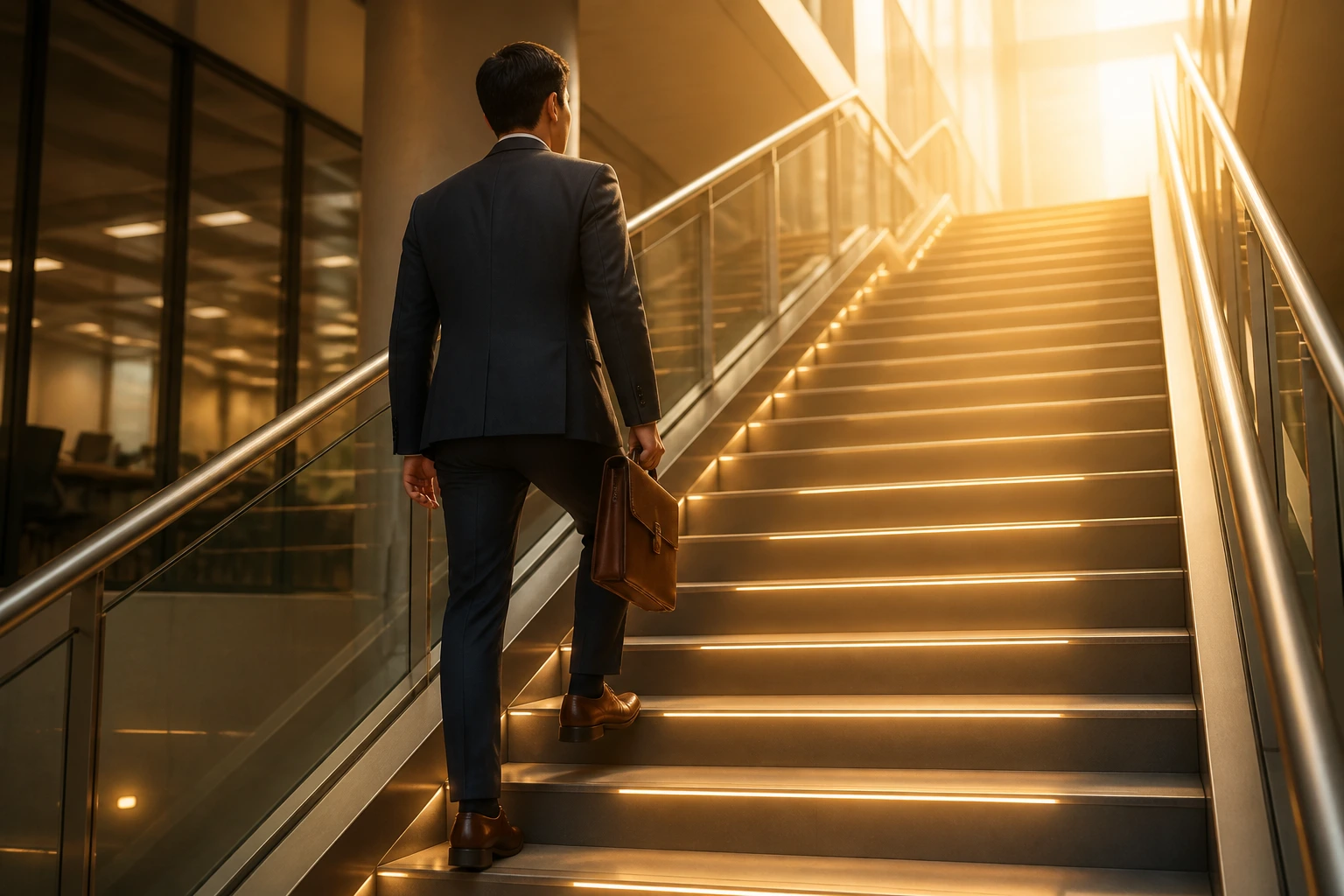 Person climbing a lit staircase in an office building illustrating a sponsorship pathway