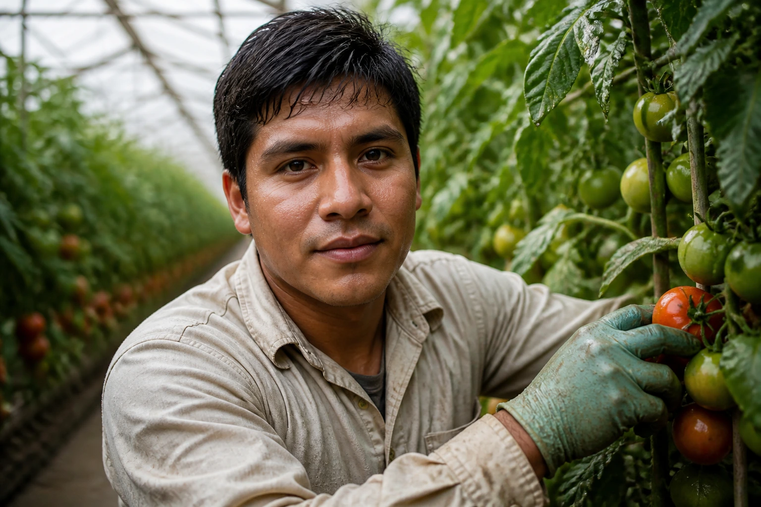 Close-up portrait of a greenhouse worker in a tomato greenhouse