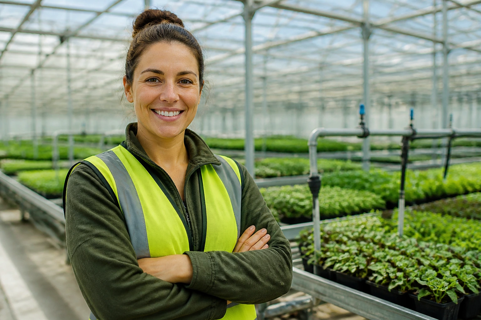 Portrait of a greenhouse supervisor in a safety vest inside a sunlit Australian glasshouse