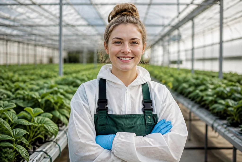 Greenhouse worker in protective gear standing in tidy, well-organized greenhouse